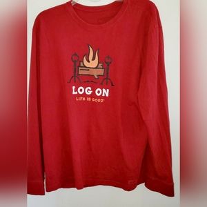 Life is Good Fireplace Log On Long Sleeve Tee Shirt Nwot Mens Size XL